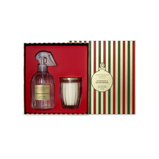 Candle - Peppermint Grove - Peppermint Grove Champagne & Red Raspberries Candle & Room Spray Gift Set - The Gift Company