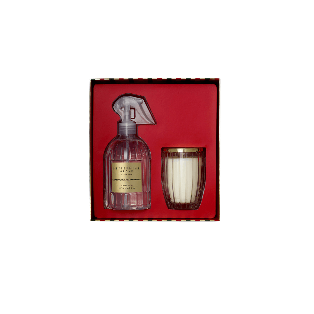 Candle - Peppermint Grove - Peppermint Grove Champagne & Red Raspberries Candle & Room Spray Gift Set - The Gift Company