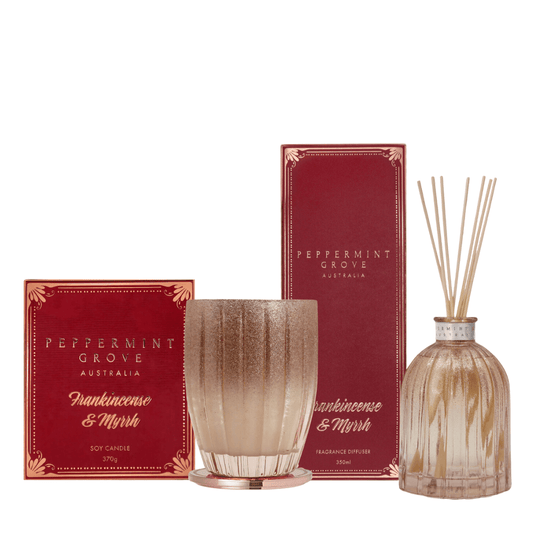 Candle - Peppermint Grove - Peppermint Grove Frankincense & Myrrh Soy Candle 370g & Diffuser 350mL Bundle (worth $95) - The Gift Company