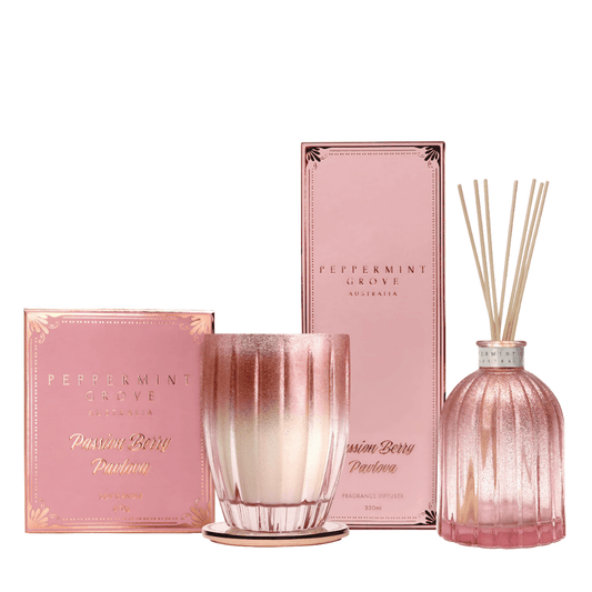 Candle - Peppermint Grove - Peppermint Grove Passion Berry Pavlova Soy Candle 370g & Diffuser 350mL Bundle (worth $95) - The Gift Company