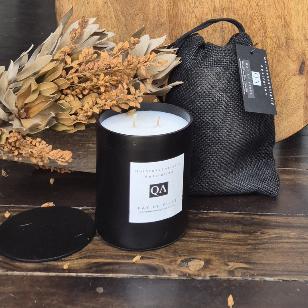 Quintessentially Australian Bay of Fires candle styled with dried Australian botanicals