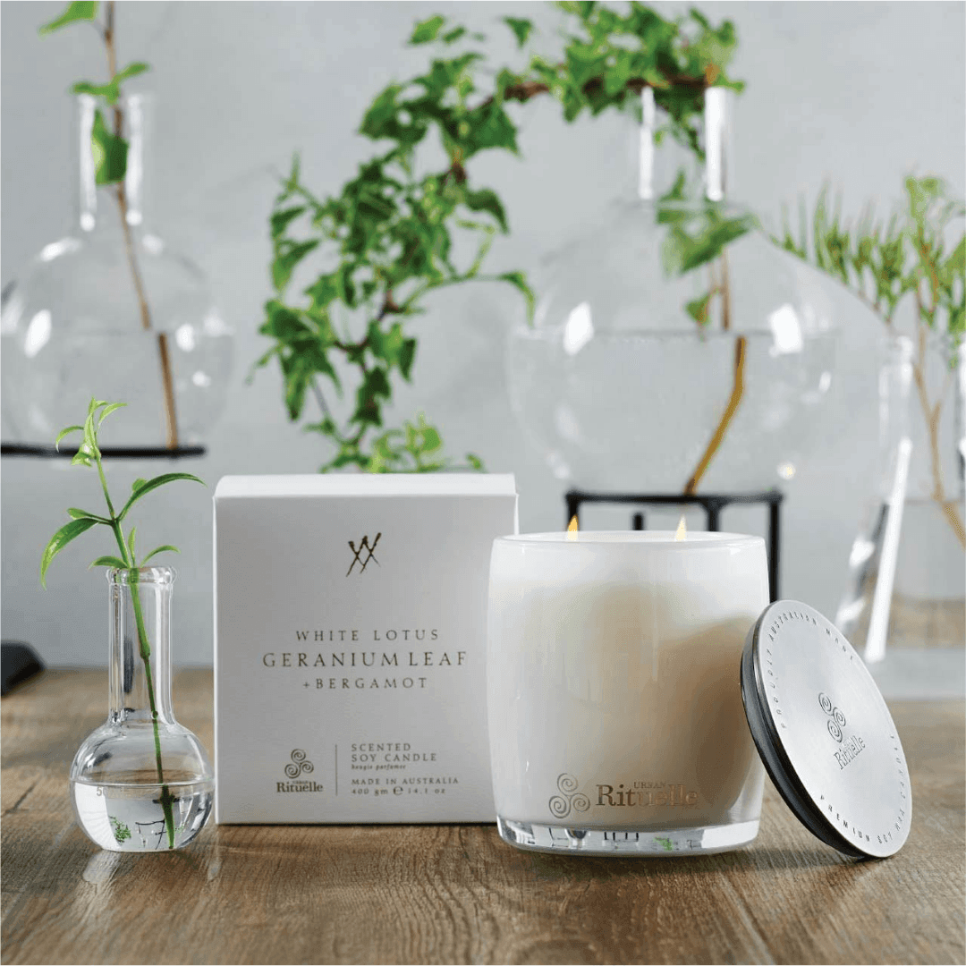 Urban Rituelle White Lotus, Geranium Leaf & Bergamot Candle & Diffuser Bundle - Styled image 2