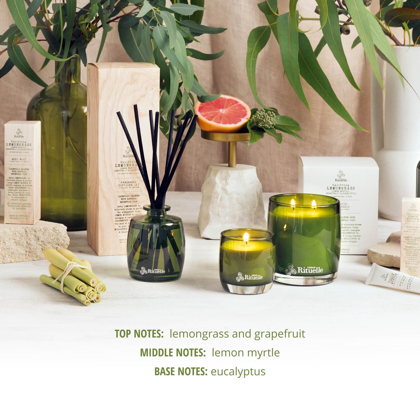 Urban Rituelle Lemongrass, Lemon Myrtle, Grapefruit & Eucalyptus Mini Fragrance Diffuser Set 90mL