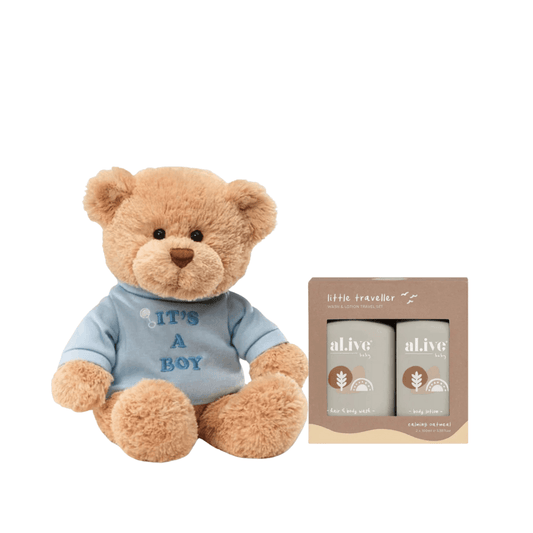 Gift Set - The Gift Company - Baby Gift Set - Gund It’s A Boy Teddy Bear & al.ive body Little Traveller Wash & Lotion Set - The Gift Company
