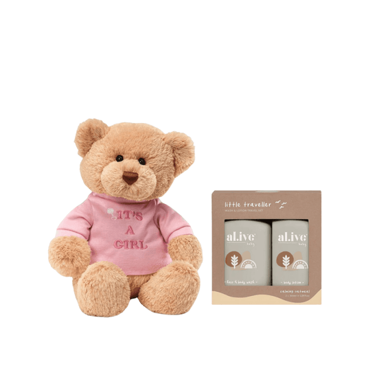 Gift Set - The Gift Company - Baby Gift Set - Gund It’s A Girl Teddy Bear & al.ive body Little Traveller Wash & Lotion Set - The Gift Company