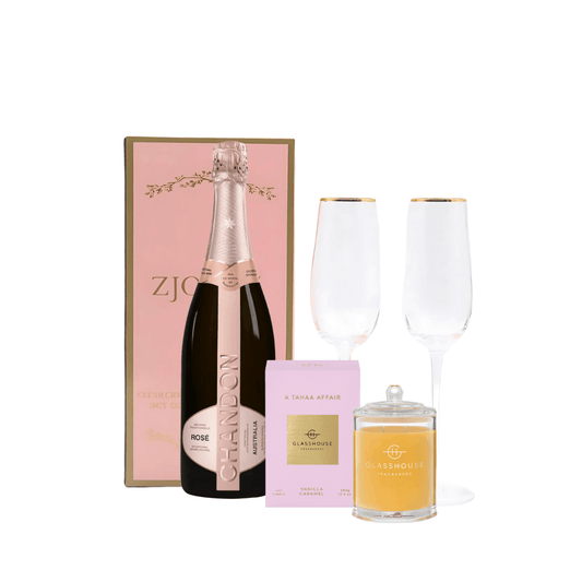 Gift Set - The Gift Company - Cheers Gift Set - A Tahaa Affair Candle, Zjoosh Soiree Flutes Glasses, Chandon Rosé Bottle - The Gift Company