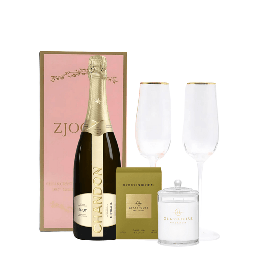 Gift Set - The Gift Company - Cheers Gift Set - Kyoto in Bloom Candle, Zjoosh Soiree Flutes Glasses, Chandon Brut Bottle - The Gift Company