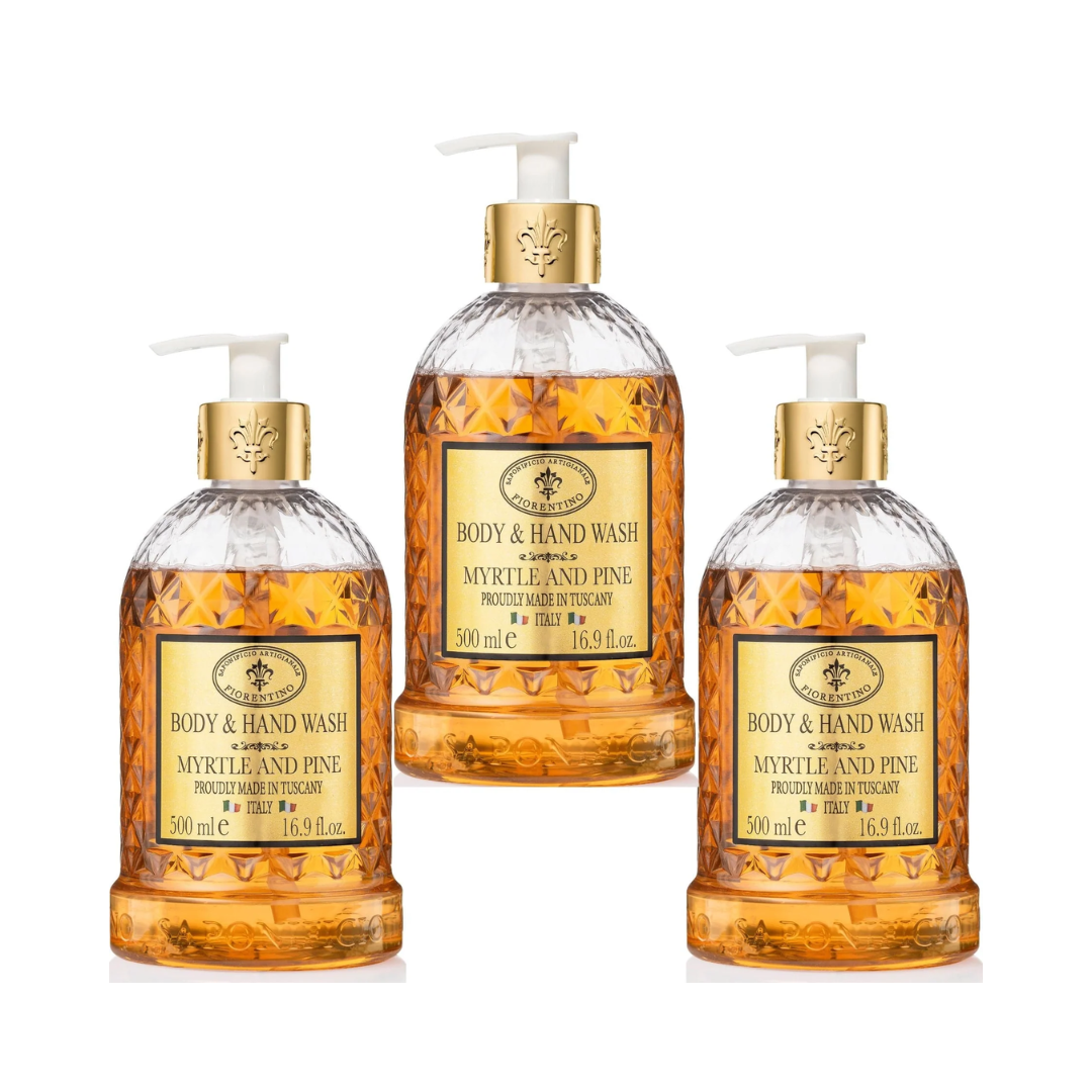Hand & Body Wash - Saponificio Artigianale Fiorentino - Saponificio Artigianale Fiorentino Body & Hand Wash Myrtle & Pine Set of 3 x 500ml - The Gift Company