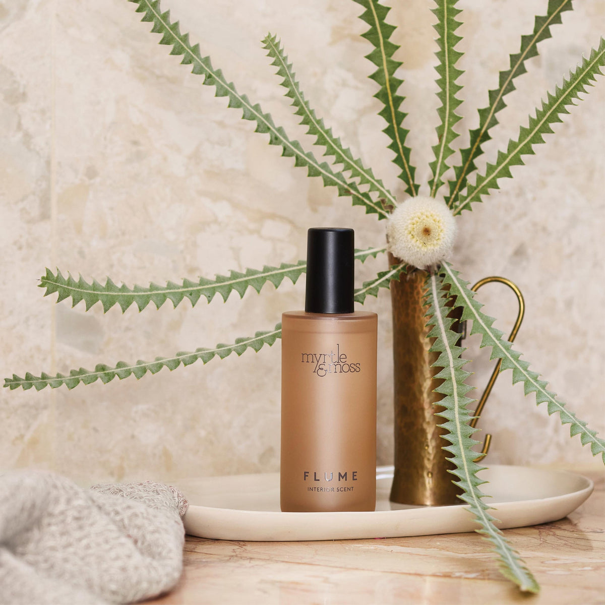 Myrtle & Moss Flume Interior Scent styled with Australian native foliage