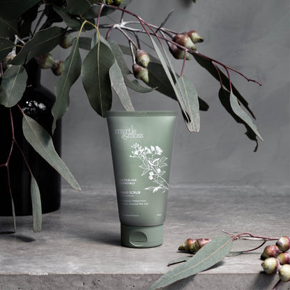 Myrtle & Moss Hand Scrub styled with Australian eucalyptus