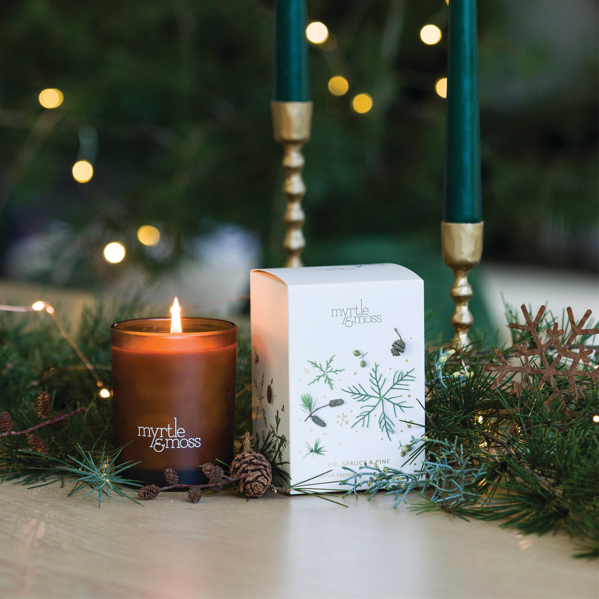 Myrtle & Moss Christmas Candle Fir, Pine & Spruce 50 Hours - official styled Christmas photograph