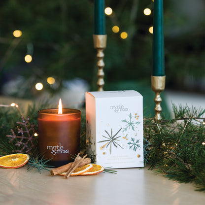 Myrtle & Moss Christmas Candle Sweet Orange, Nutmeg & Cinnamon 50 Hours - official styled Christmas photograph