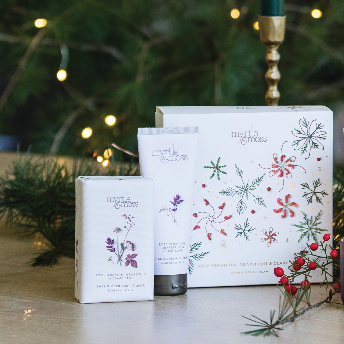 Myrtle & Moss Christmas Duet Gift Set Rose Geranium, Grapefruit & Clary Sage - official styled Christmas photograph