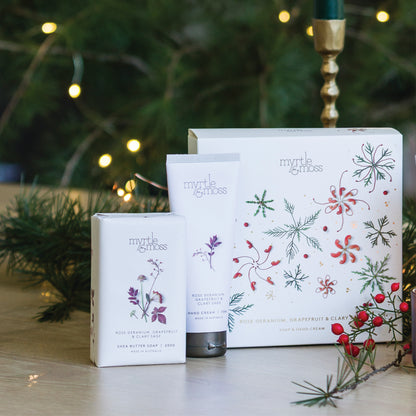Myrtle & Moss Christmas Duet Gift Set Rose Geranium, Grapefruit & Clary Sage - official styled Christmas photograph