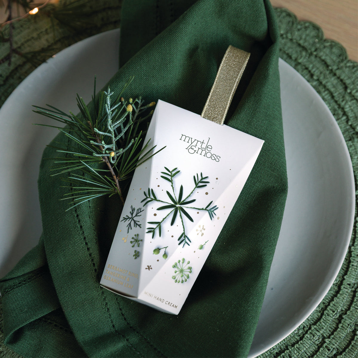 Myrtle & Moss Christmas Hand Cream Ornament Bergamot Rind, Tangerine & Geranium Leaf 30mL - official styled Christmas photograph