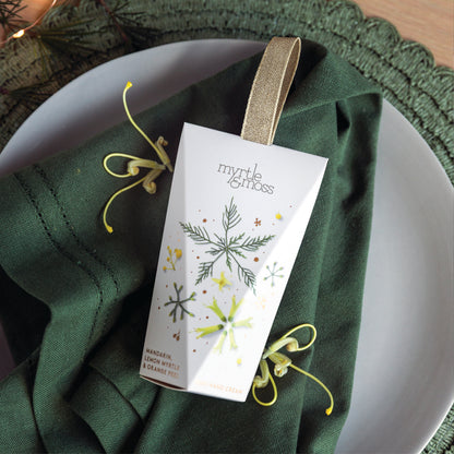 Myrtle & Moss Christmas Hand Cream Ornament Mandarin, Lemon Myrtle & Orange Peel 30mL - official styled Christmas photograph