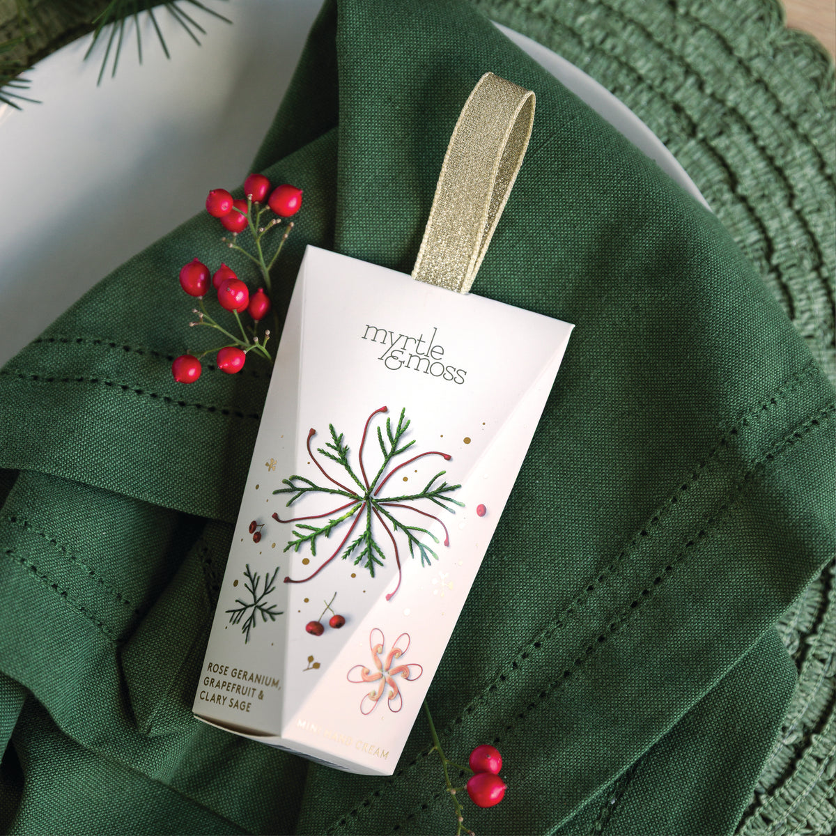 Myrtle & Moss Christmas Hand Cream Ornament Rose Geranium, Grapefruit & Clary Sage 30mL - official styled Christmas photograph