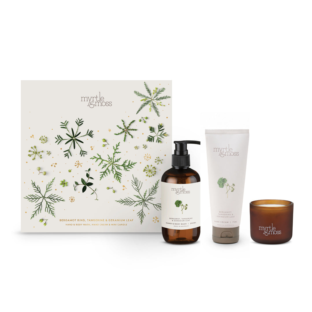 Myrtle & Moss Christmas Trio Gift Set Bergamot Rind, Tangerine & Geranium Leaf - official white background product image