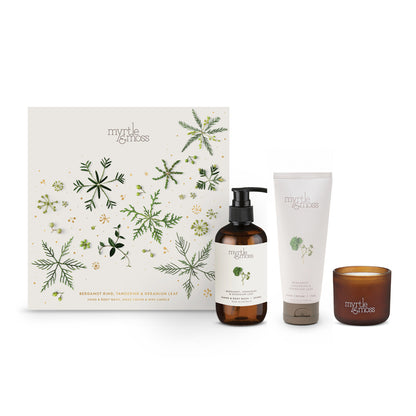 Myrtle & Moss Christmas Trio Gift Set Bergamot Rind, Tangerine & Geranium Leaf - official white background product image