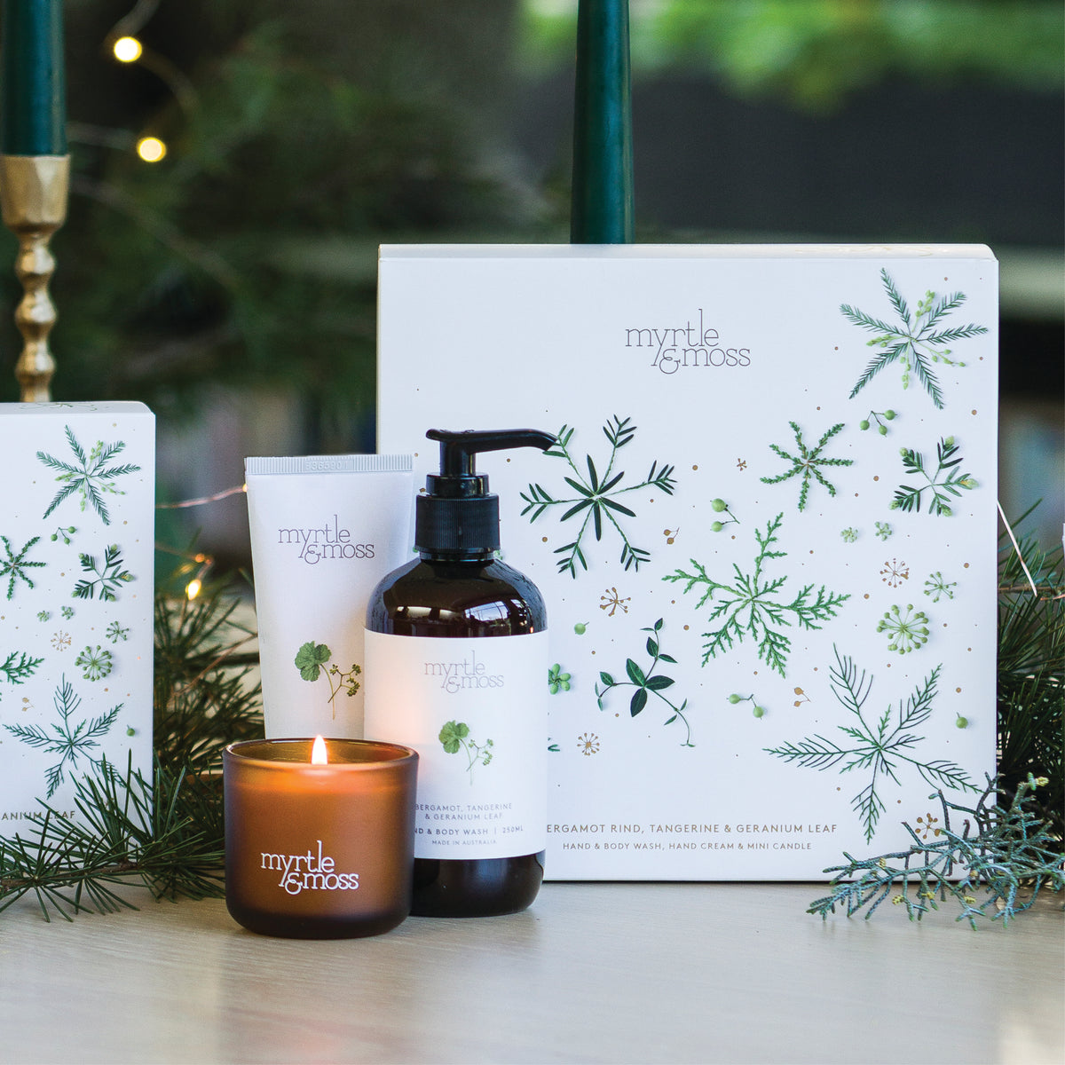 Myrtle & Moss Christmas Trio Gift Set Bergamot Rind, Tangerine & Geranium Leaf - official styled Christmas photograph