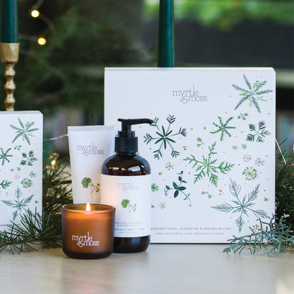 Myrtle & Moss Christmas Trio Gift Set Bergamot Rind, Tangerine & Geranium Leaf - official styled Christmas photograph