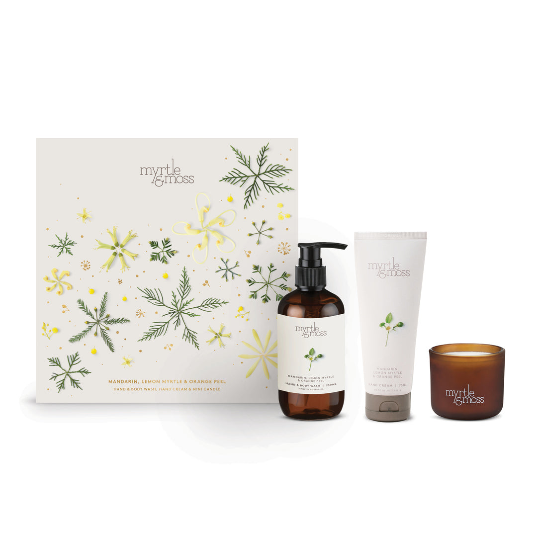 Myrtle & Moss Christmas Trio Gift Set Mandarin, Lemon Myrtle & Orange Peel - official white background product image