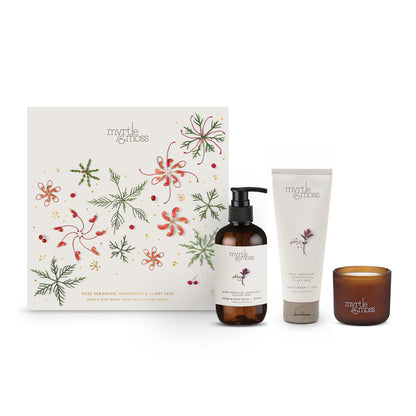 Myrtle & Moss Christmas Trio Gift Set Rose Geranium, Grapefruit & Clary Sage - official white background product image