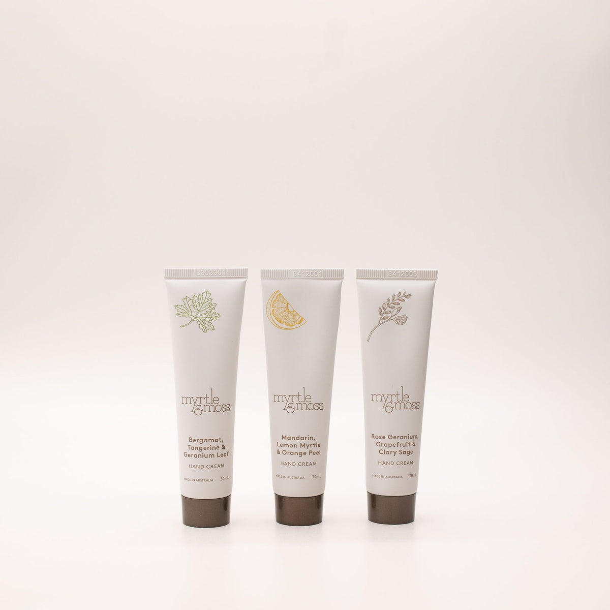 Three Myrtle & Moss mini hand creams in the Wild Grasses Hand Cream Trio