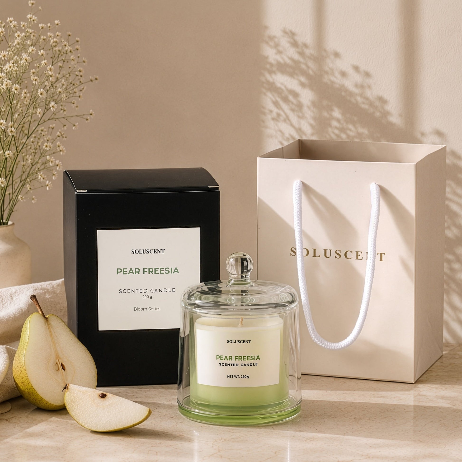 Soluscent Pear Freesia candle with glass dome lid, box and gift presentation