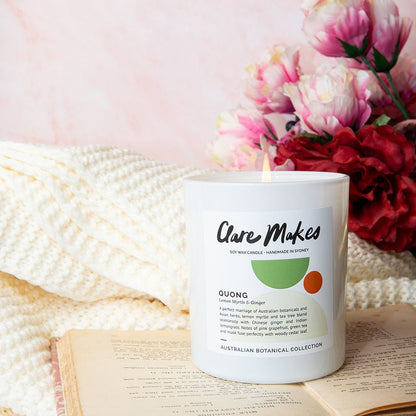 Clare Makes Quong Lemon Myrtle & Ginger Medium Candle 180g – Clare Makes product and lifestyle image 12