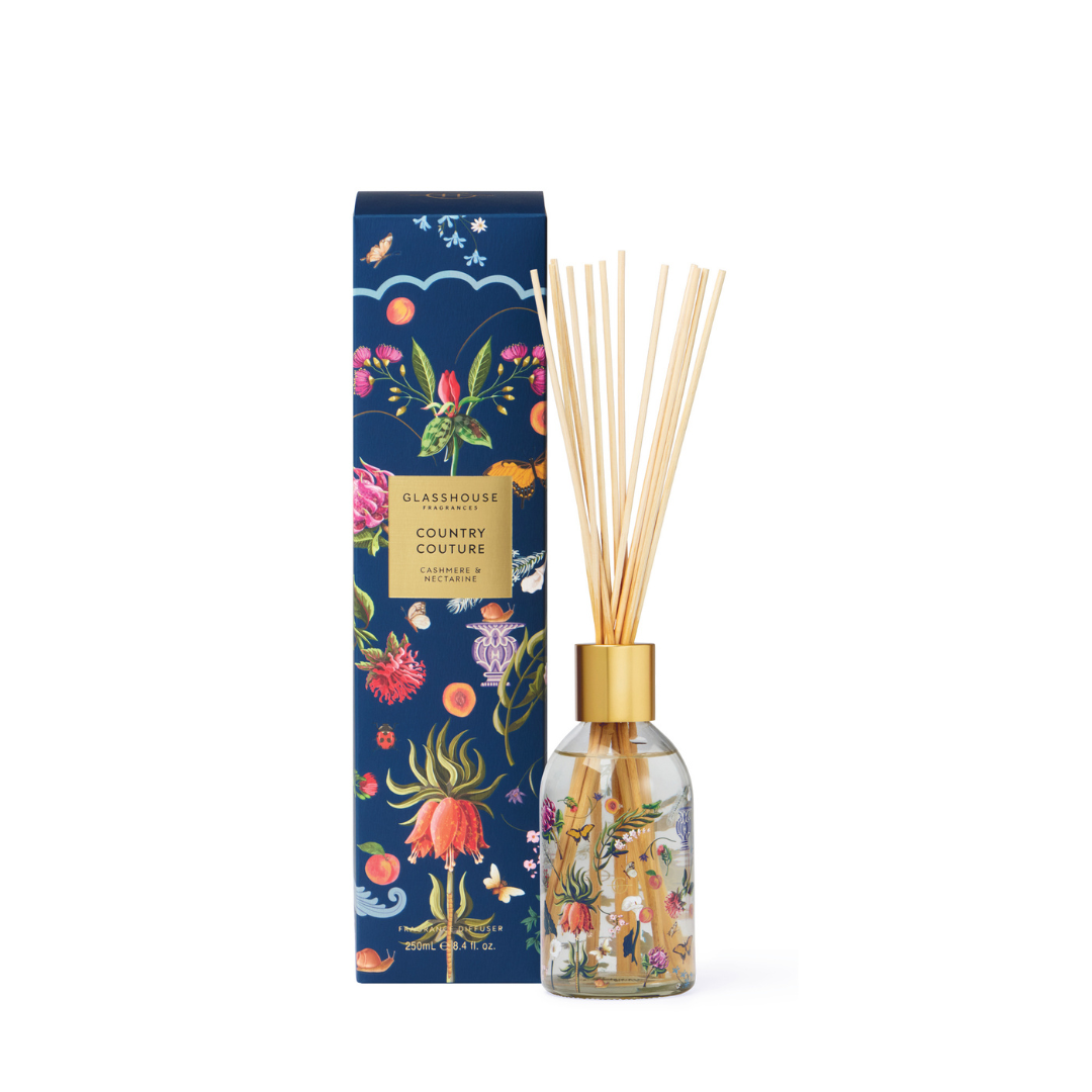 Reed Diffuser - Glasshouse - Glasshouse Fragrances Country Couture Cashmere & Nectarine Diffuser 250ml - The Gift Company