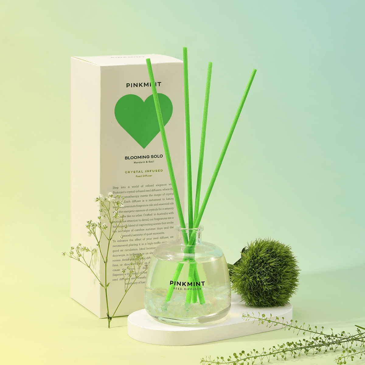 Reed Diffuser - Pinkmint Candle - Pinkmint Candle Blooming Solo Reed Diffuser Crystal Infused (Mandarin & Basil) 200ml - The Gift Company