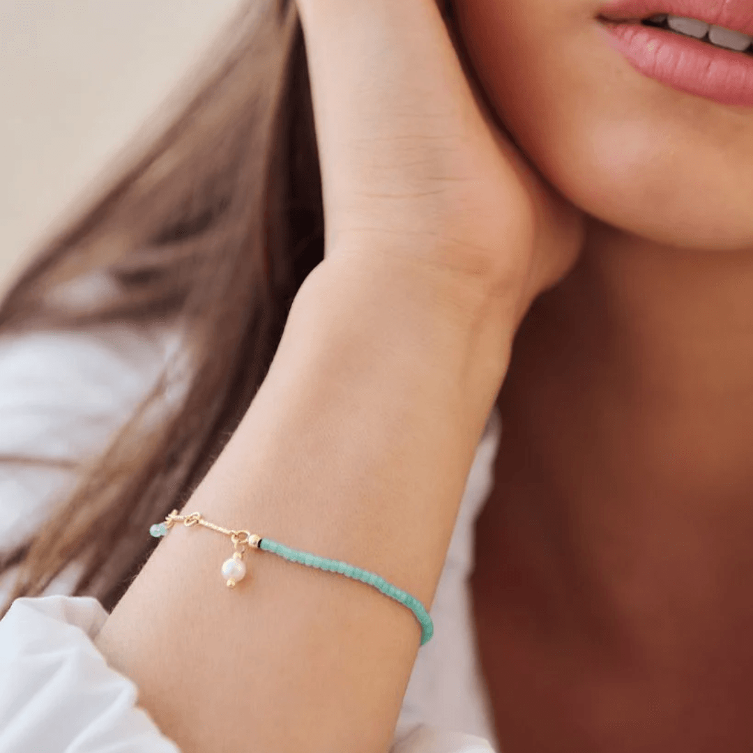 Stone Pearl Bracelet - Zjoosh - Zjoosh Turquoise Pearl and Gold Long Bracelet - The Gift Company