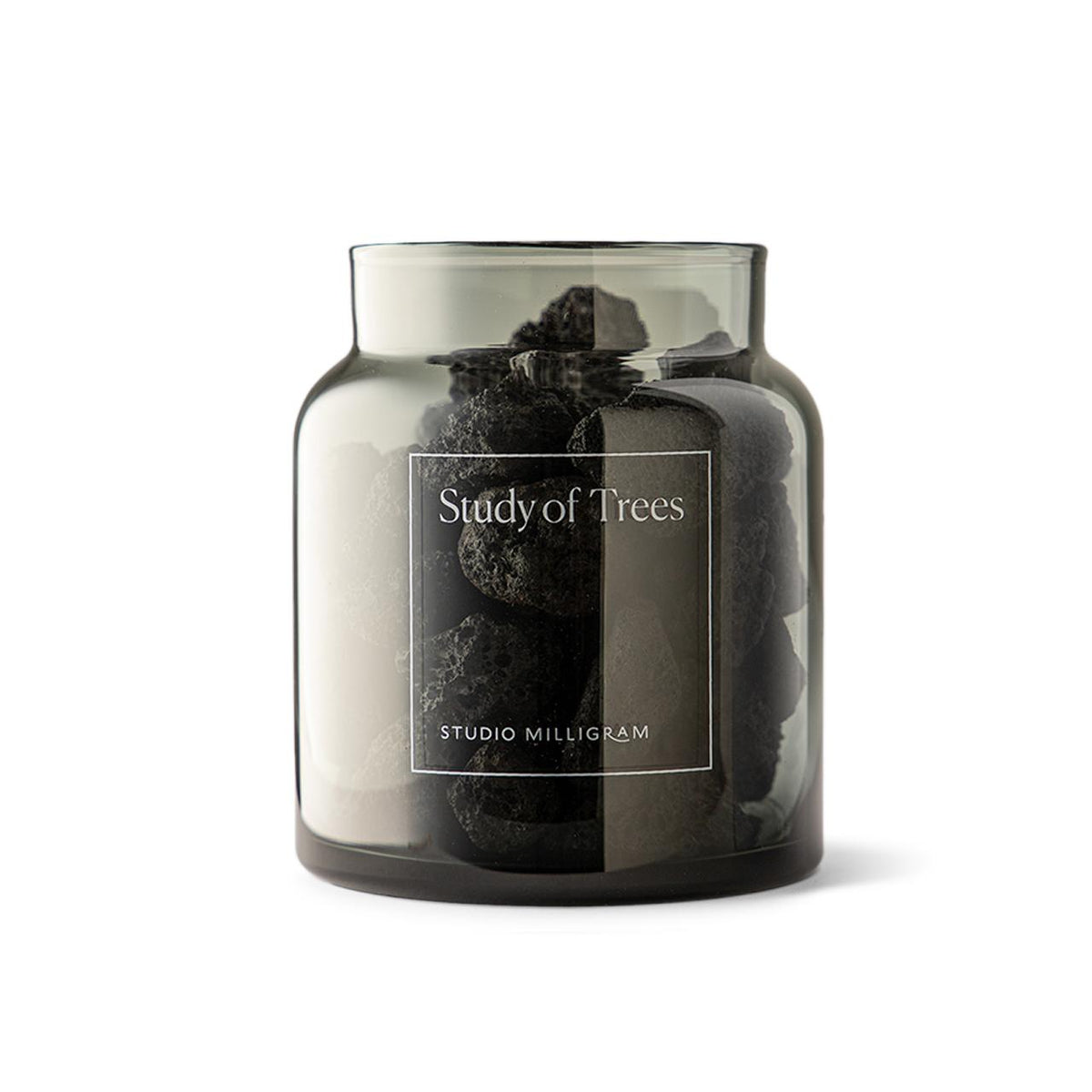 Studio Milligram Study of Trees volcanic rocks in original smoke-tinted glass jar