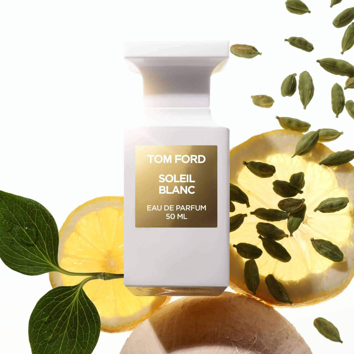 Tom Ford Soleil Blanc Eau de Parfum styled with citrus and cardamom