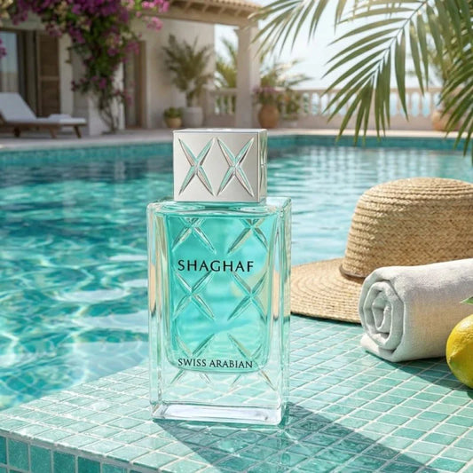 Swiss Arabian Shaghaf Eau de Parfum 75mL poolside lifestyle image